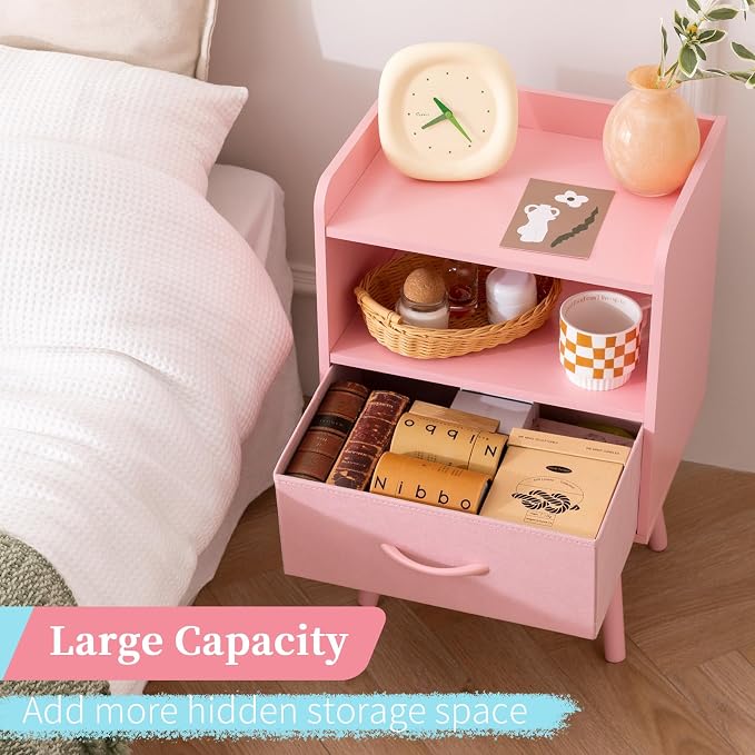 Yoobure Night Stand with Fabric Drawer, Modern Nightstand, Bedside Tables, Mid Century Nightstands with Open Storage Shelf, Wood Bedside Table, Small Night Stands for Bedrooms, 2-Tier Night Table - Image 4