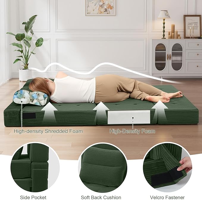 COMAX Folding Sofa Bed, Foldable Couch for Bedroom, Convertible Floor Sleeper Futon Chair Foam, Corduroy 3 in 1 Fold Out Chair Portable Comfy Lounge Couch Sofa Bed for Small Space, Full, Green