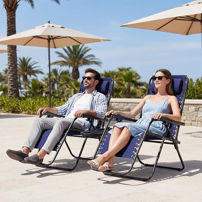 JEAREY Zero Gravity Lounge Chairs Set of 2, Adjustable Steel Mesh Recliners with Pillows and Cup Holder Trays for Patio, Garden, Beach, Navy Blue - Image 2