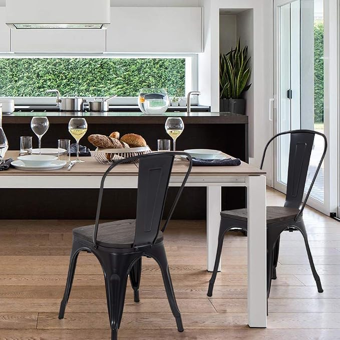 FDW | Metal Dining Chairs with Wooden Seat | Set of 4 | Black | Stackable Tolix Side Chairs with Backrest | Scratch-Resistant | Non-Slip Feet | Indoor/Outdoor Use | 330 lbs | for Dining & Kitchen - Image 2