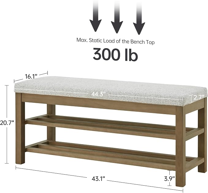 VKNOW Entryway Bench, 44.3” Upholstered Shoe Storage Bench for Bedroom, 2-Tier Storage End of Bed Bench with Rubberwood Legs for Living Room, Hallway, Beige - Image 2