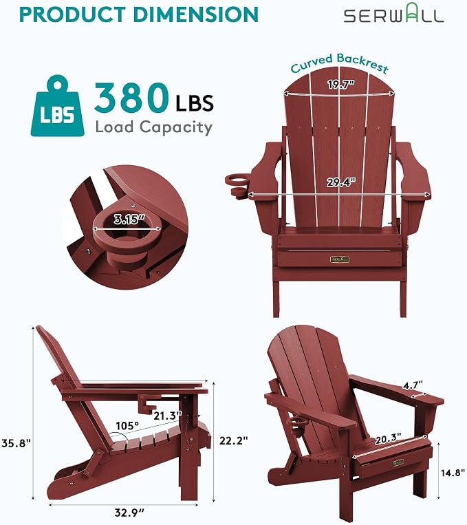 SERWALL Foldable Adirondack Chair Set of 4, Weather Resistant HIPS Patio Chairs with Cup Holder for Patio Garden Outdoors Fire Pit Chairs- Red - Image 2