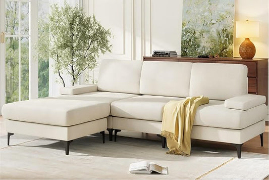Sectional Couches for Living Room, 96" Chenille Modern L Shaped Couch with Ottoman, Deep 4 Seater Sofas for Living Room, Sectional Sofa for Bedroom, Office, Apartment, Pearl White