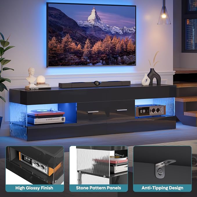 Bestier Black TV Stand for 55/60/65 Inch TV, High Gloss Modern TV Stand with Stone-Patterned Side Panels, LED Entertainment Center with Large Drawer, TV Consoles for Living Room, Bedroom - Image 7