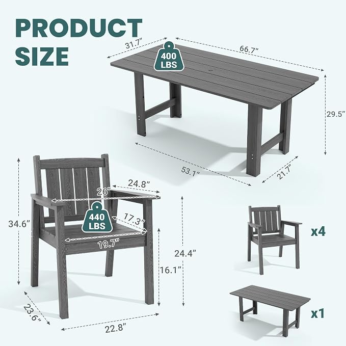 Pamapic 5-Piece Outdoor Dining Set, HDPE Outdoor Rectangular Table and 4 Chairs, Wood Grain Patio Furniture Sets with Armrest, All-Weather Patio Dining Table with Umbrella Hole, Gray - Image 4