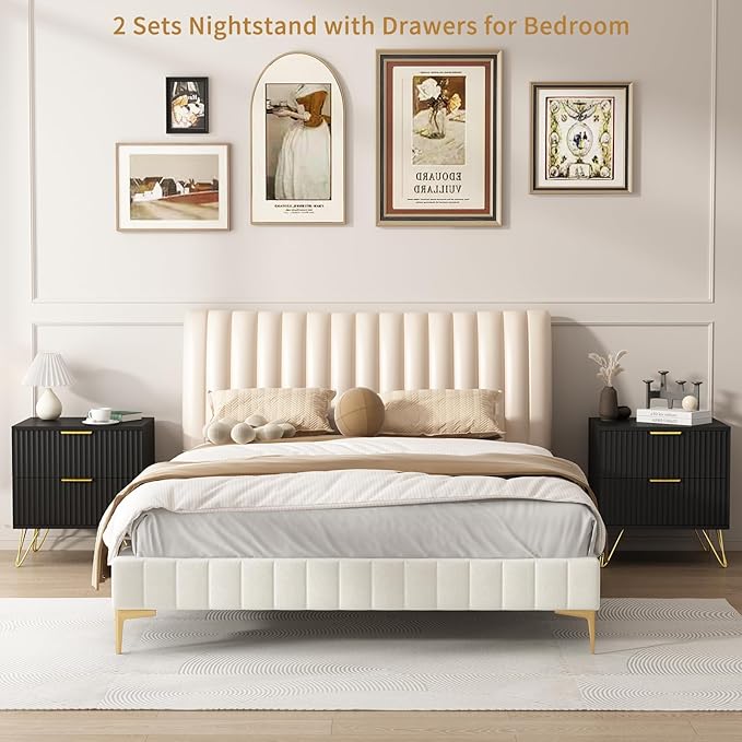 8 Drawer Dresser and Nightstand Sets for Bedroom, 3 Pcs Bedroom Set，Night Stand Set of 2 & 8 Drawer Dresser with Gold Handles, Modern Wood Chest of Drawers Storage Cabinet Set, Black