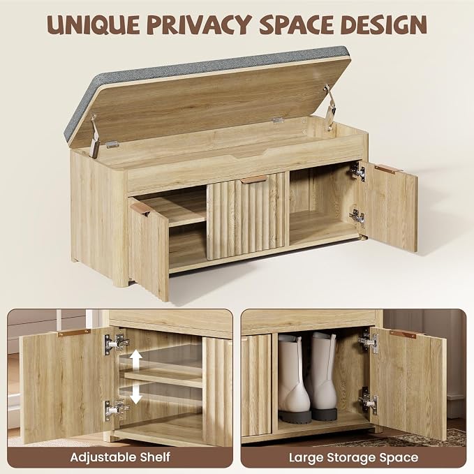 Shoe Bench with Storage - Lift Top Entryway Bench with Hidden Storage, Shoe Rack with Adjustable Shelves and Cushioned Seat, Wooden End of Bed Bench for Bedroom, Living Room and Hallway,Nature - Image 4