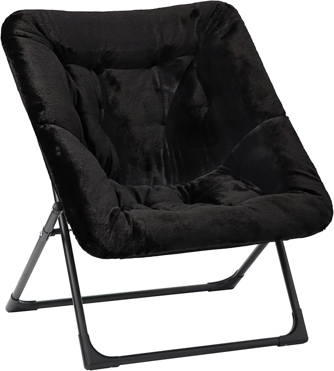 Comfy Saucer Chair for Adults, Soft Faux Fur Bedroom Chair, Accent Dorm Chairs, Flexible Living Room Reading Chairs, Oversized Folding Seat for Teens, X-Large, Black