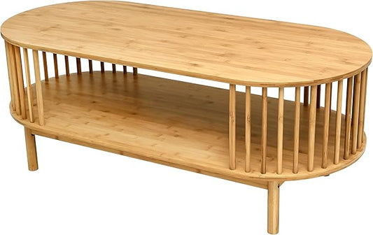 VaeFae Oval Coffee Table, Bamboo Coffee Table for Living Room, 2-Tier Farmhouse Center Table with Storage Shelf