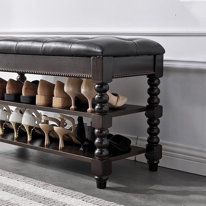 LEILISI Shoe Bench, Wood Storage Bench with Cushion Seat, Shoe Rack with Hidden Storage Space for Entryway Living Room Bedroom Hallway (Walnut, 31.5'') - Image 5