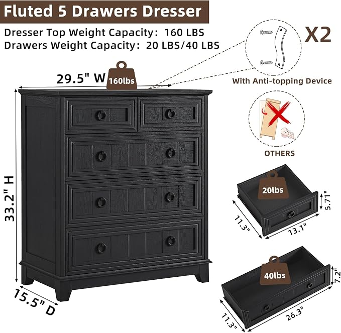 Joaxswe Farmhouse 5 Drawer Dresser for Bedroom, 33.2" Tall Small Dressers & Chest of Drawers, Rustic Wood Dresser with Metal Handle, Storage Organizer Closet for Living Room, Hallway, Entryway - Image 2