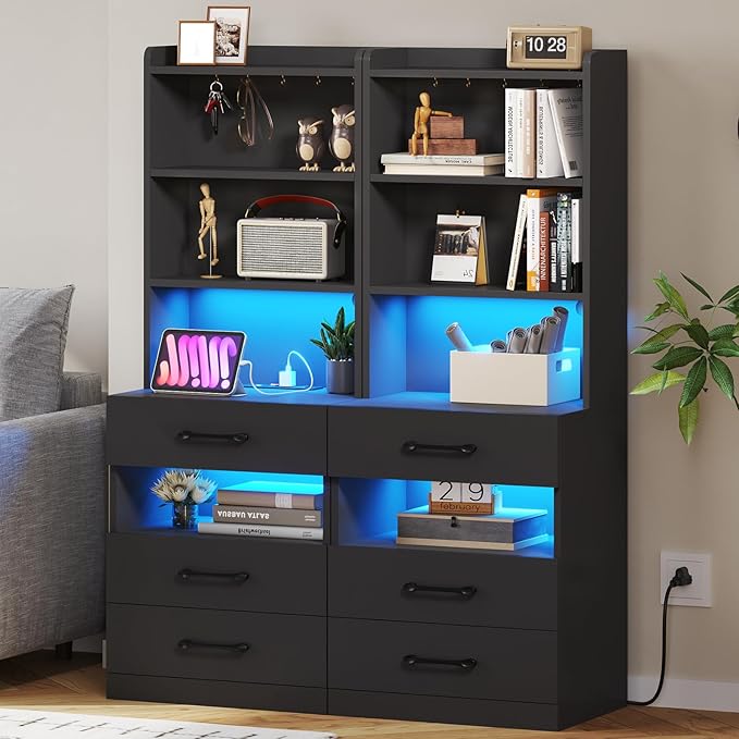 VIAGDO Tall Nightstand Set of 2 with Charging Station and LED Lights, Black Night Stand Set 2 with Bookshelf, Modern LED Bedside Tables with 3 Drawers and Storage Shelves, Side Tables for Bedrooms by VIAGDO