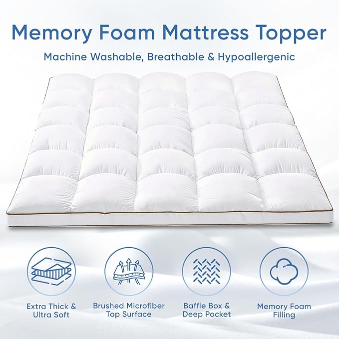 Memory Foam King Mattress Topper, Bed Topper with 3 Inch Extra Thick Shredded Foam, 100% Cotton Mattress Pad Cover, Breathable & Skin-Friendly King Size Mattress Topper with Anchor Straps