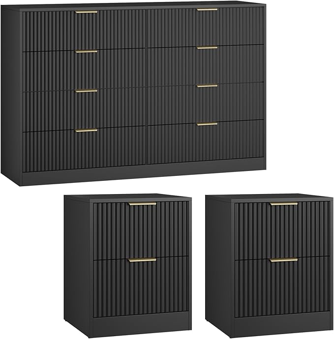 8 Drawer Dresser & Nightstand Set 3-Piece, 55” Wide Fluted Black Dresser and Night Stand Set of 2 with Metal Handle, Modern Wood Chest of Drawers Storage Dressers Set for Bedroom, Black