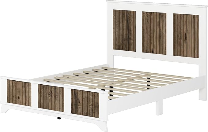 Farmhouse 4-Pieces Bedroom Sets,Queen Size Platform Bed with 2 Storage Nightst and 6-Drawer Dresser with Metal Handle,4 Piece Bedroom Furniture Set with Wooden Strip Stickers Decoration,White