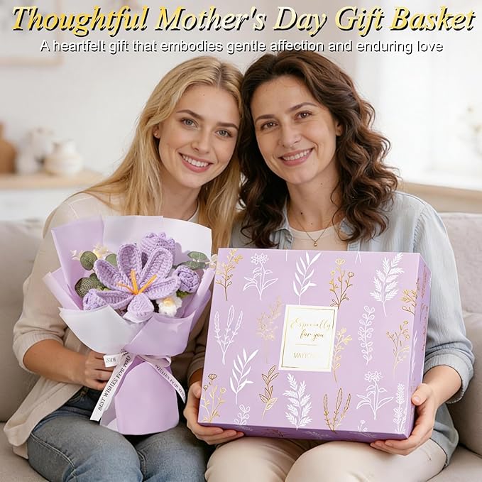 Mothers Day Birthday Gifts for Women Self Care Package Get Well Soon Gift Baskets, Thinking of You Sympathy Spa Gift Set w/ Crochet Flower Bouquet, Unique Gifts for Women Mom Sister Grandma Friends