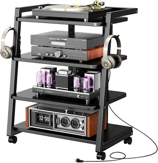 CABTE Mobile AV Media Stand with Outlets and 4 Rolling Caster Wheels, 4-Tier Rolling TV Stand for Gaming Console, Stereo, DVD Player, Sturdy Metal Frame, Versatile Living Room,Bedroom (Black) by CABTE