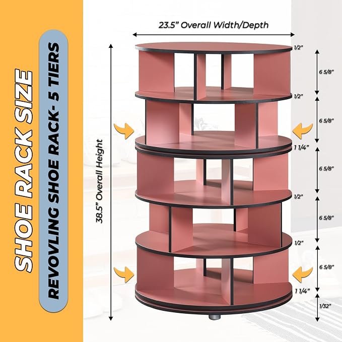Kings Brand Furniture - 5-Tier Rotating Shoe Rack, 360° Revolving Lazy Susan Spinning Shoe Rack Tower Storage Organizer for Closet Entryway Bedroom Hallway, Red - Image 2