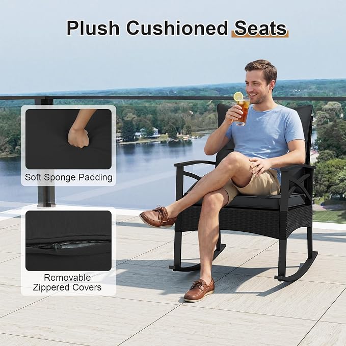 Tangkula 3 Pieces Outdoor Rocking Chairs Set, Rattan Heavy Duty Cushioned Rocker Chairs with 2-Tier Tempered Glass Coffee Table, for Garden, Balcony, Backyard (Black+Gray) - Image 5