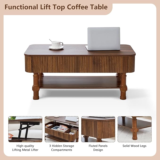 39”Large Lift Top Coffee Table with Hidden Storage Compartment,Fluted Coffee Tables Fully Assembled Wooden Center Table,Mid Century Modern Lift Tabletop Dining Table for Living Room Home Office,Walnut
