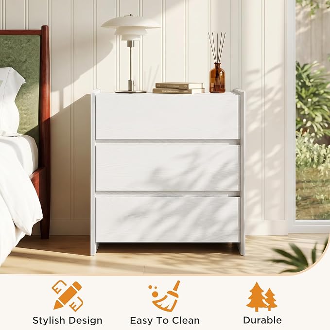 Nightstand Set of 2, White Handle-Free Nightstand with 3 Drawers, 23.6" W Raised Lip Bedside Table, Modern Minimalist Night Stand, End Table, Easy Assembly for Bedroom Apartment Small Space - Image 8