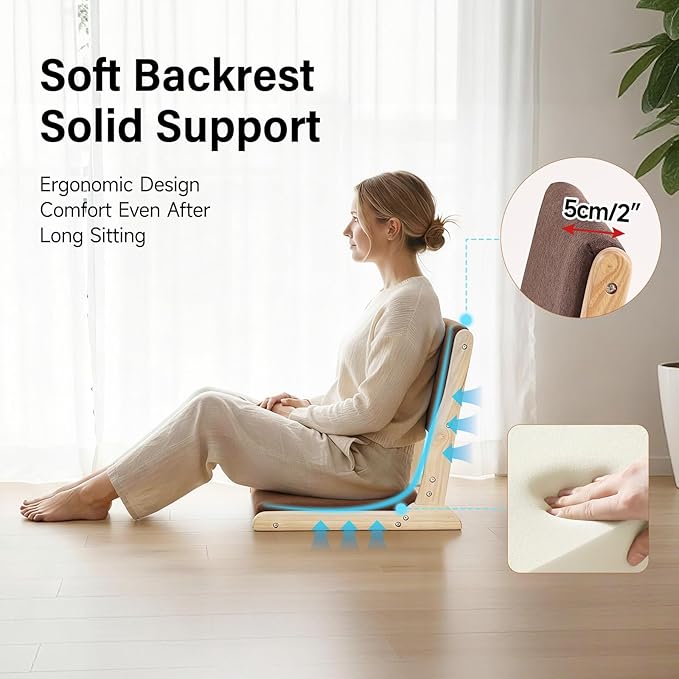 Tiita 2Pcs Floor Games Chair, Foldable Meditation Tatami Chairs, Backrest Chair with Cushion, Living Room Chair Seat, Wood Brown