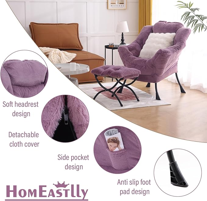 Lazy Chair with Ottoman, Large Purple Accent Chair with Ottoman and FA Throw Pillow, Comfy Plush Reading Chair for Living Room Bedroom Dorm Room Office Apartment Relaxing Use