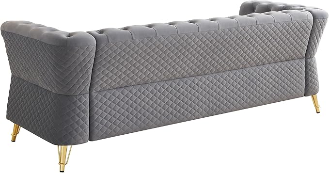 KEIKI 87" Chesterfield Velvet Button Tufted Sofa with High Density Foam Cushions, Modern Style 3-Seater Couch with Gold Strip Trim Decoration, Easy Assembly, for Apartment, Living Room, Office, Grey