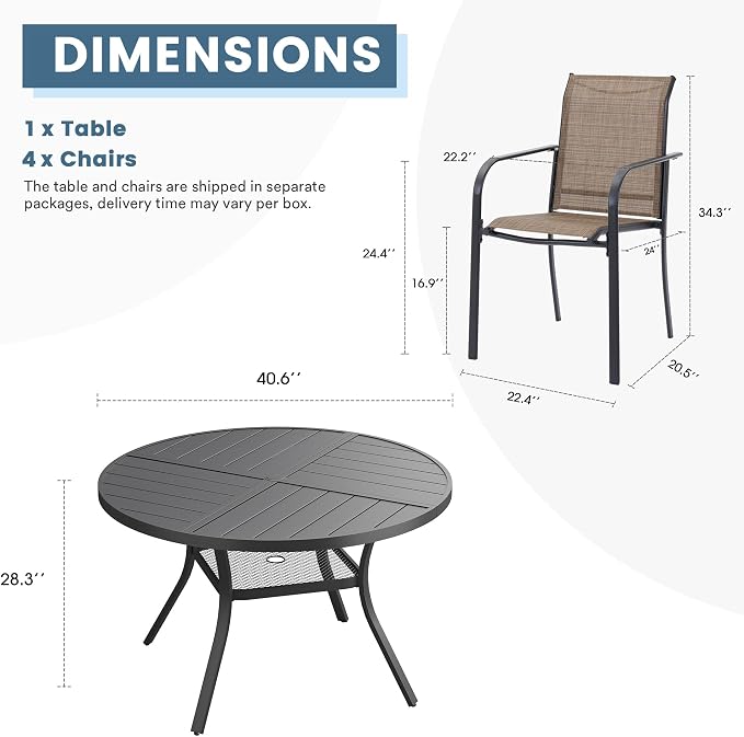 DIFY Patio Dining Set for 4, 5 Piece Outdoor Table and Chairs Set, 40.6" Black Round Metal Patio Dining Table and 4 Brown Textilene Stackable Patio Chairs, for Backyard Garden Poolside - Image 8