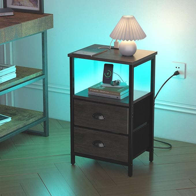 sthmec Nightstand with Charging Station, LED Night Stand Set of 2, Bedside Table End Table with Drawer, Bedroom Tables with 2 Fabric Drawers, 3-Tier Storage Side Table for Bedroom, Black Oak - Image 4