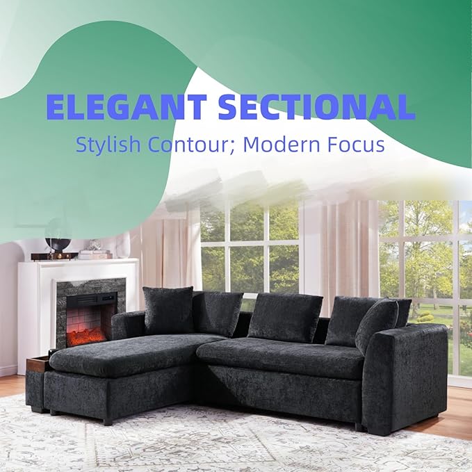93.7" L-Shaped Sectional Sofa with Storage Chaise, Modern Couch for Living Room, Chenille Upholstered Couch with Deep Seats & Throw Pillows, Modern Corner Sofa for Living Room, Black