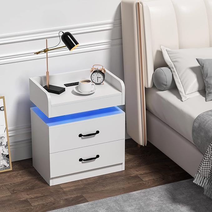4ever2buy White Nightstand Set of 2 with Charging Station and LED Lights Modern Bedside Tables with 2 Drawers End Table for Bedroom - Image 6