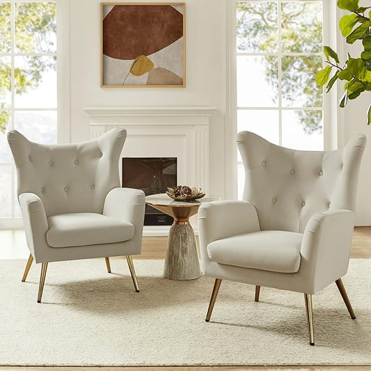 HULALA HOME Velvet Accent Chair Set of 2, Modern Wingback Armchair with Metal Gold Legs, Velvet Tufted Upholstered for Living Room Bedroom(TAN)