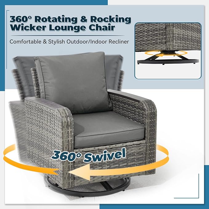 5 Pieces Outdoor Furniture Set with Swivel Chairs, Wicker Patio Furniture Sets for Porch Deck Bistro Lawn Garden Backyard Poolside-Grey