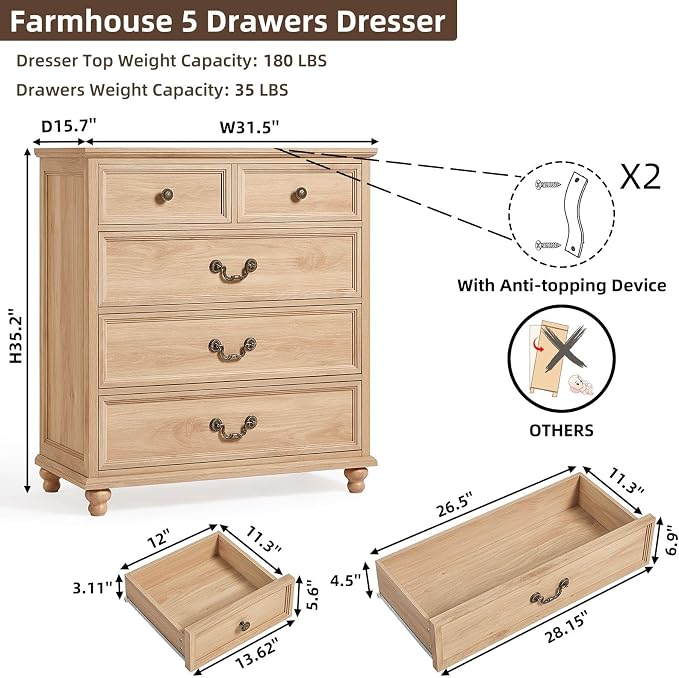 Joaxswe Farmhouse 5 Drawer Dresser for Bedroom, 35" Tall Rustic Chests of Drawers w/ 4 Solid Wood Feet, Mid Century Modern Wooden Closet Storage Dressers Organizer for Living Room, Hallway,Natural - Image 2