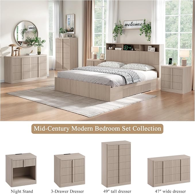 Fluted Dresser and Nightstand 3-Piece Bedroom Set, 49" Tall 6-Drawer Dresser and 2 of 3-Drawer Nightstands with Charging Station, Curved Profile Design, Modern Bedroom Dressers Sets, White Alder