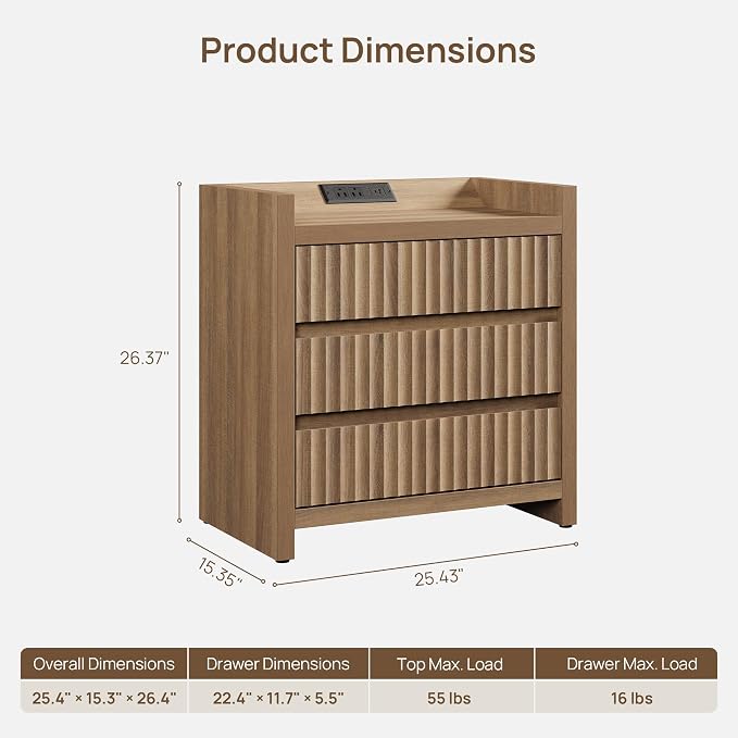 SICOTAS Night Stand Set of 2 with Charging Station, USB-C Port, 26" Tall Fluted Nightstand, Large 3-Drawer Bedside Table Mid Century Modern End Table for Bedroom Sofa Side (Reclaimed Caramel Oak) - Image 3