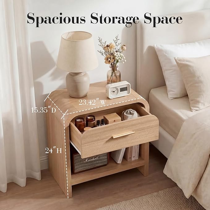 Night Stand Set of 2 [Unique Curved Profile] [FSC-Certified Wooden Board] 1-Drawer and 1 Storage Shelf Nightstand 24" H Metal Handle Modern Bedside Table Side Table End Table for Bedroom - Image 2