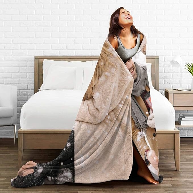 Custom Blanket with Picture Text, Personalized 1 Photo Blanket, HD Printing Customized Flannel Throw Blanket Gifts for Mom Dad Couple Girlfriend Boyfriend Wife Husband Valentines Gift