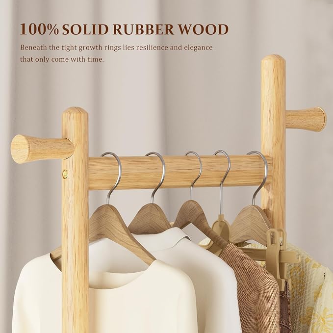 Solid Wood Coat Rack Freestanding Clothing Rack with Wheels & 2 Shelves Storage & 5 Hooks Heavy Duty Clothes Rack Wood Coat Tree Stand Hat Hanger Rack for Corner Bedroom Entryway Living Room Hotel - Image 2