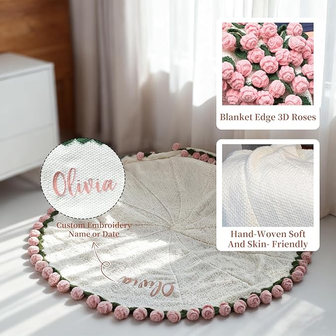 Personalized Handmade Crochet Rose Flower Blanket Bouquet – Custom Name Gift for Mother's Day, Valentine’s Day, Mom or Girlfriend（Pink）