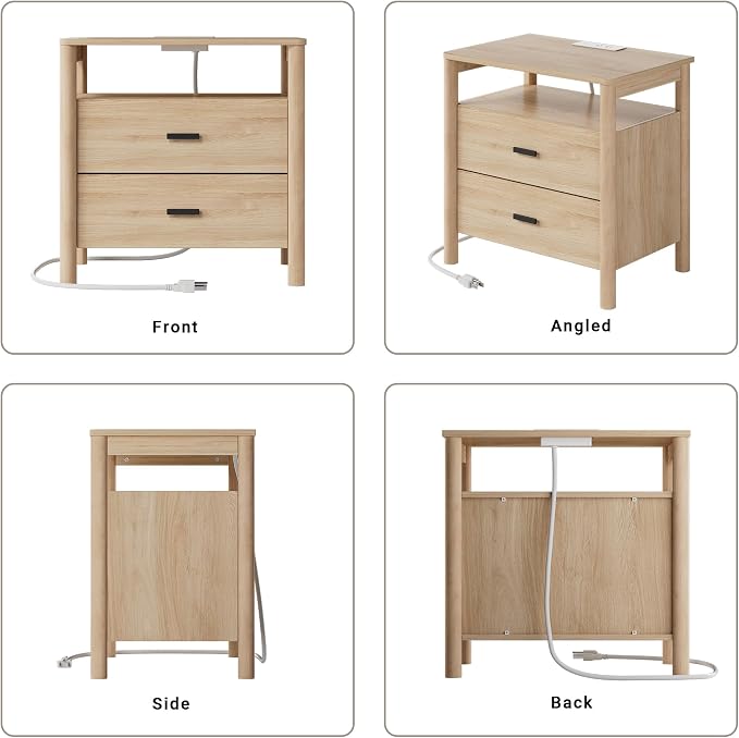 Night Stand Set 2, 23" Wide Nightstands Set of 2, Large Nightstand with Charging Station, 2 Drawer Wooden End Table with Solid Round Post Legs, Modern Bedside Table for Bedroom, Natural Oak - Image 8