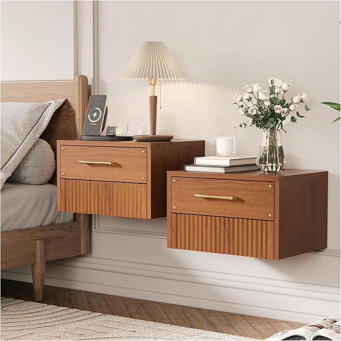 JOINICE Floating Nightstand Set of 2, Mid Century Modern Wall Mounted Bedside Table with Charging Station, Fluted End Table with Storage Drawers for Bedroom, Home Small Space, Cherry, 2 PCS by Joinice