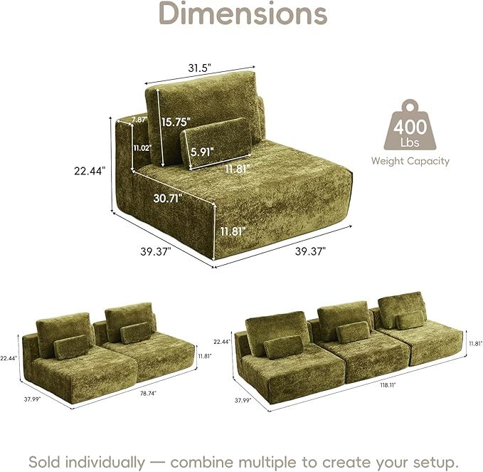 Modular Sectional Sofa, 3-Piece Green Plush Velvet Couch Loveseat, No-Assembly Compressed Deep-Seat 3-Seat for Living Rooms Family Spaces Reading Nooks