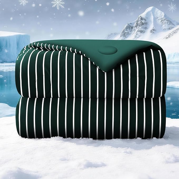 Pinstripe Cooling Comforter King Size, Q-Max 0.45 Reversible Striped Cooling Blanket for Hot Sleepers, Breathable Lightweight Silk Smooth Summer Bedding, Quilted Ice Blanket, Emerald Green