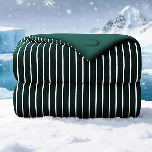 Pinstripe Cooling Comforter King Size, Q-Max 0.45 Reversible Striped Cooling Blanket for Hot Sleepers, Breathable Lightweight Silk Smooth Summer Bedding, Quilted Ice Blanket, Emerald Green