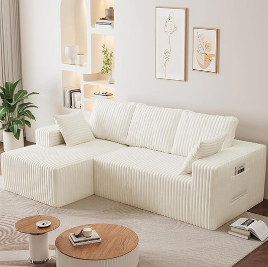 96" Cloud Sectional Couches for Living Room, Modular Sectional Sofa with Chaise, Upholstered Boneless Couches, Comfy Flannel Fluffy Couch with Pillows and Side Pockets No Assembly(Beige