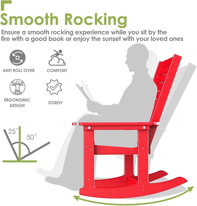 GREENVINES Outdoor Rocking Chairs | Set of 4 | Porch Rocker | HDPE Plastic | Red | Oversized Rockers | High Back | Big & Tall | Ladder Back | for Patio Outside Backyard Balcony Garden - Image 4