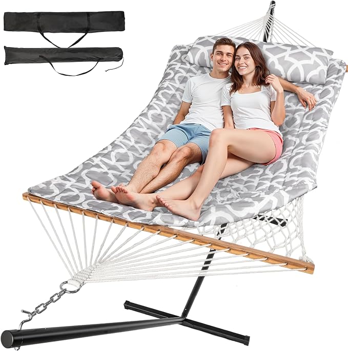 Everyfun 2 Person Outdoor Hammock with Stand, Cotton Rope Hammock with Polyester Pad, Adjustable Steel Frame, Portable with Carrying Bag – for Patio, Backyard, Garden, Beach, White-Gray by Unknown