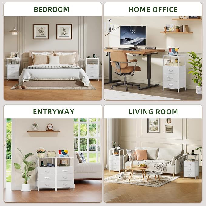 Somdot Nightstands Set of 2,Bedside Tables with Charging Station and LED Lights,Night Stand with 3 Fabric Drawers, End Tables with Open Shelf for Small Spaces Bedroom Entryway Hallway, White Leather - Image 8